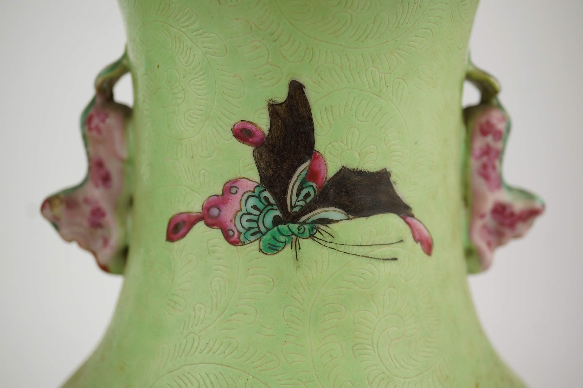 A pair of Chinese lime-green sgraffito ground vases, late 19th century